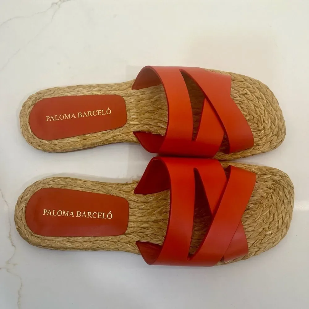Paloma Barceló Coral/Orange Leather Espadrille Slide Sandals Made in Spain EU 36